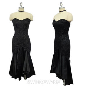 Vintage 80s Scott McClintock Black Satin Mermaid Hi Low Dress Size 6 Goth Gothic